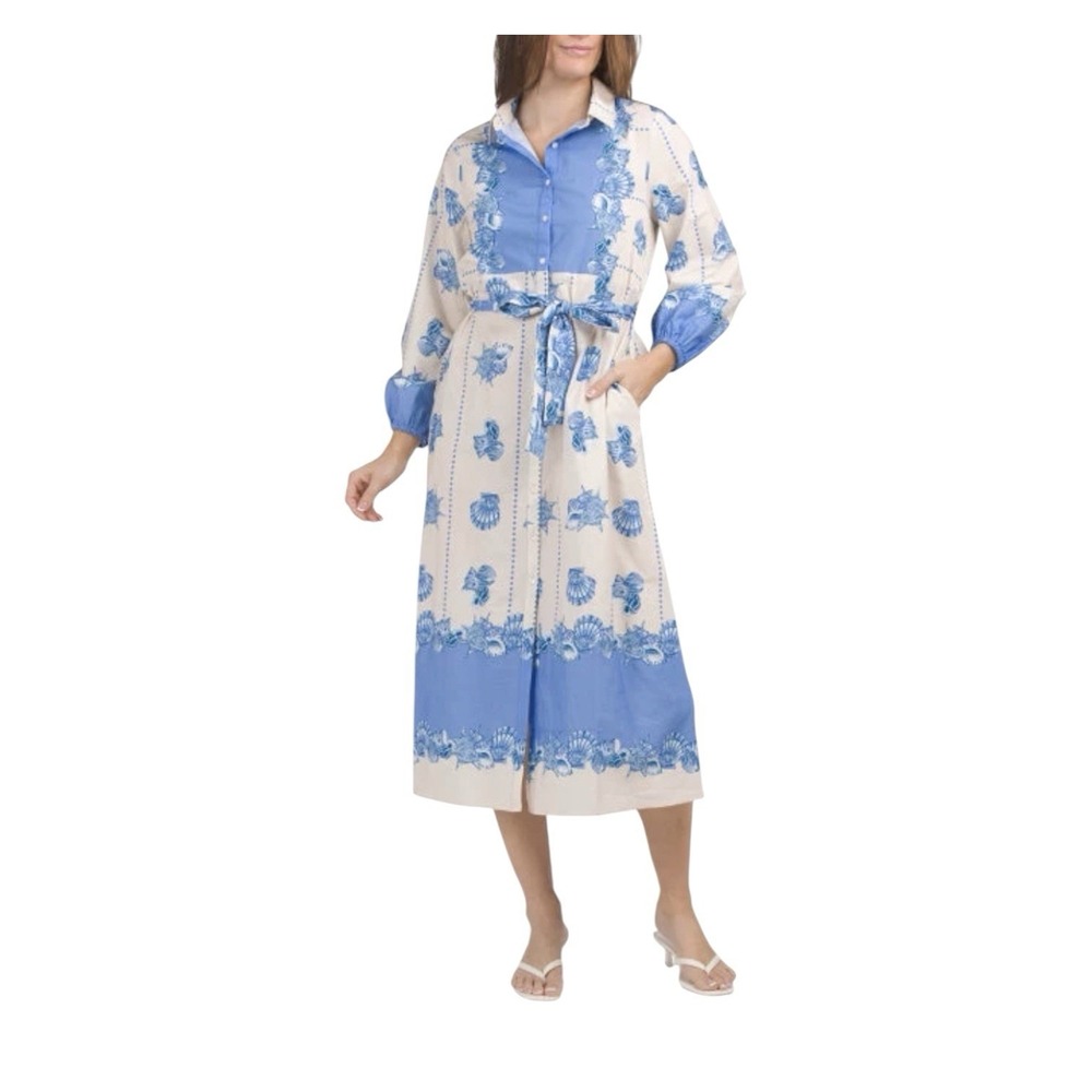 Celina Moon Maxi Shirt Dress Women's Medium Shell Print Anthro Tuckernuck Resort